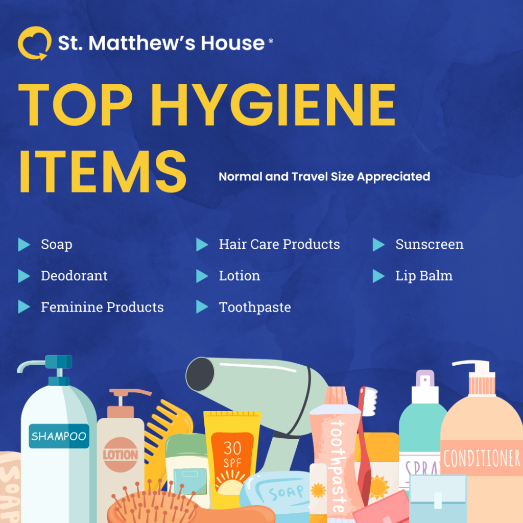 A list of the top Hygiene products needed for donation at St. Matthews House.