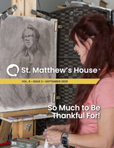 September 2025 newsletter cover featuring an artist drawing portraits