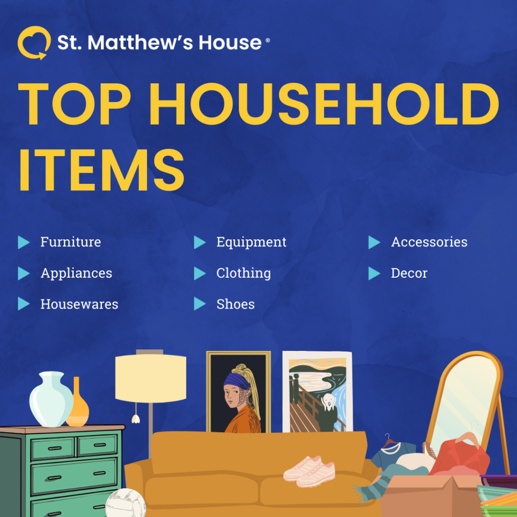 Graphic listing the top household items to donate including furniture, appliances, housewares, equipment, clothing, shoes, accessories, and decor