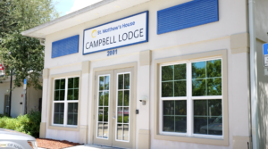 Close up of the Campbell Lodge Shelter building at St. Matthew's House